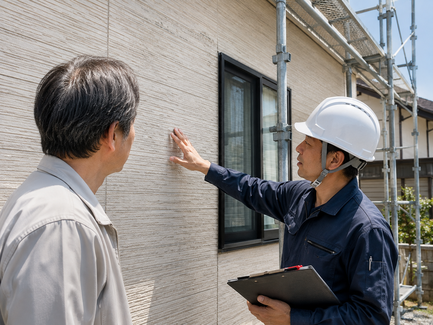 住宅の外壁の前で、職人が住人に状態を説明しているところ